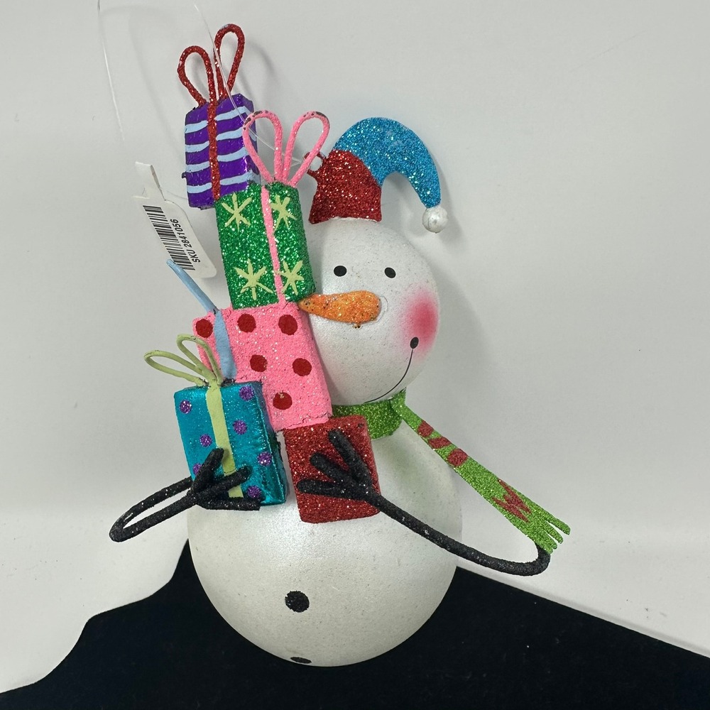 Pier 1 Ornament Unisex OS White Snowman Stacked Gifts Glitter Christmas Holiday